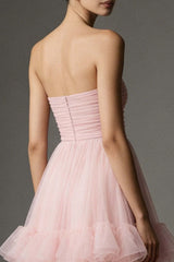 Pink A Line Organza Strapless Ruffled Long Prom Dress