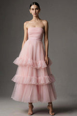 Pink A Line Organza Strapless Ruffled Long Prom Dress