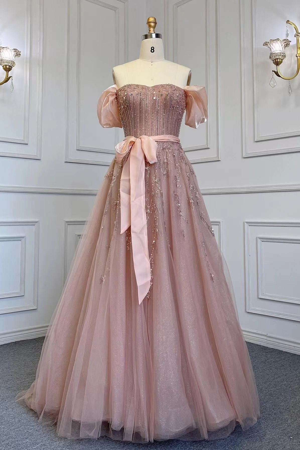 Pink A Line Prom Dress Beaded Off the Shoulder Evening Dress