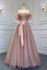 Pink A Line Prom Dress Beaded Off the Shoulder Evening Dress
