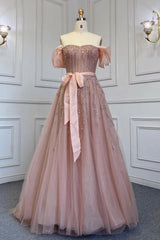 Pink A Line Prom Dress Beaded Off the Shoulder Evening Dress