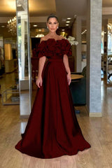 Pink A Line Prom Dress Off the Shoulder Ruffled Satin Evening Dress