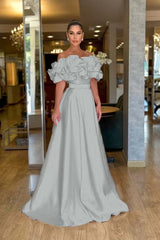 Pink A Line Prom Dress Off the Shoulder Ruffled Satin Evening Dress