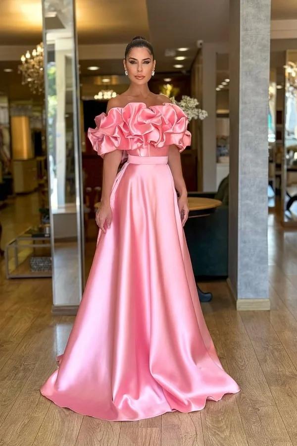 Pink A Line Prom Dress Off the Shoulder Ruffled Satin Evening Dress