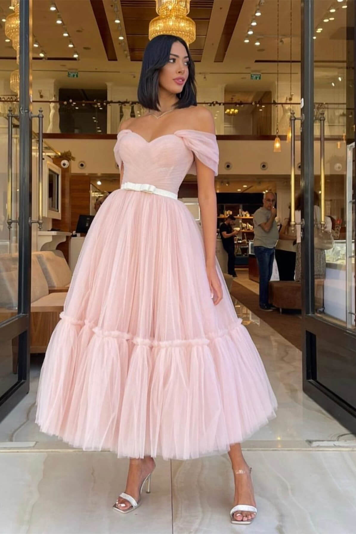 Pink A Line Prom Dress Off the Shoulder Tea Length Evening Dress