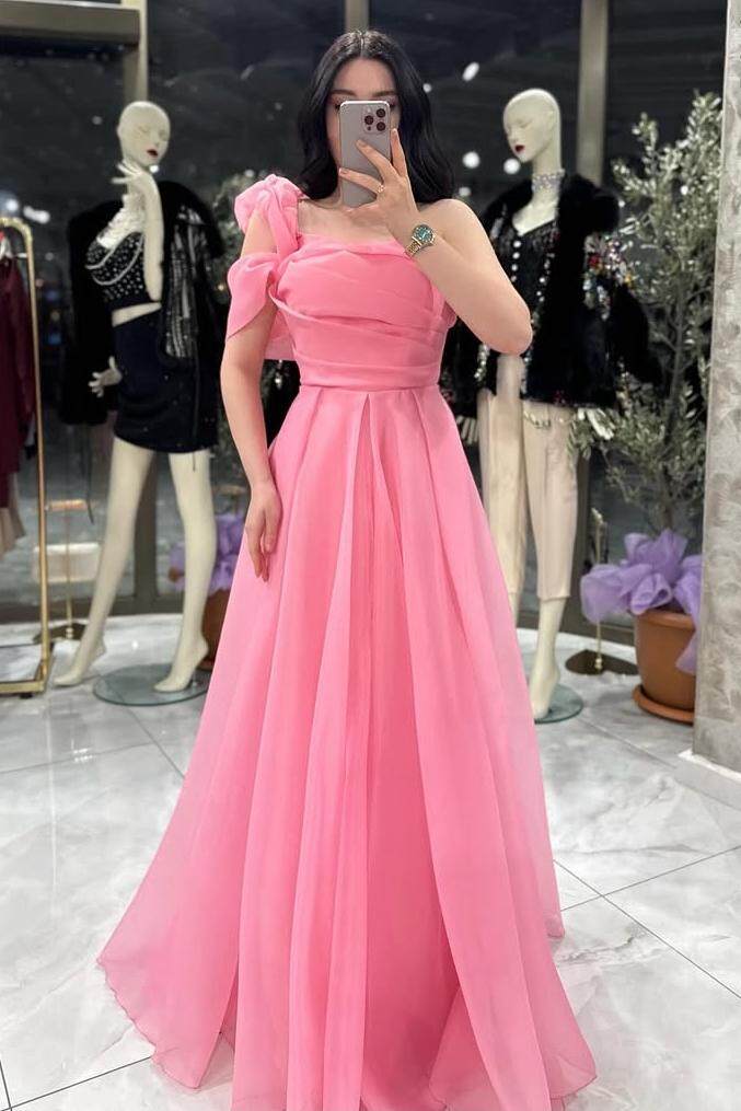 Pink A Line Prom Dress Short Sleeve One Shoulder Evening Dress