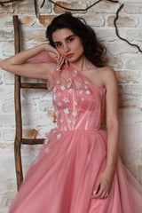 Pink A Line Prom Dress Sleeveless One Shoulder Evening Dress With 3D Flowers