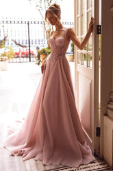 Pink A Line Prom Dress Sleeveless Straps Beaded Evening Dress