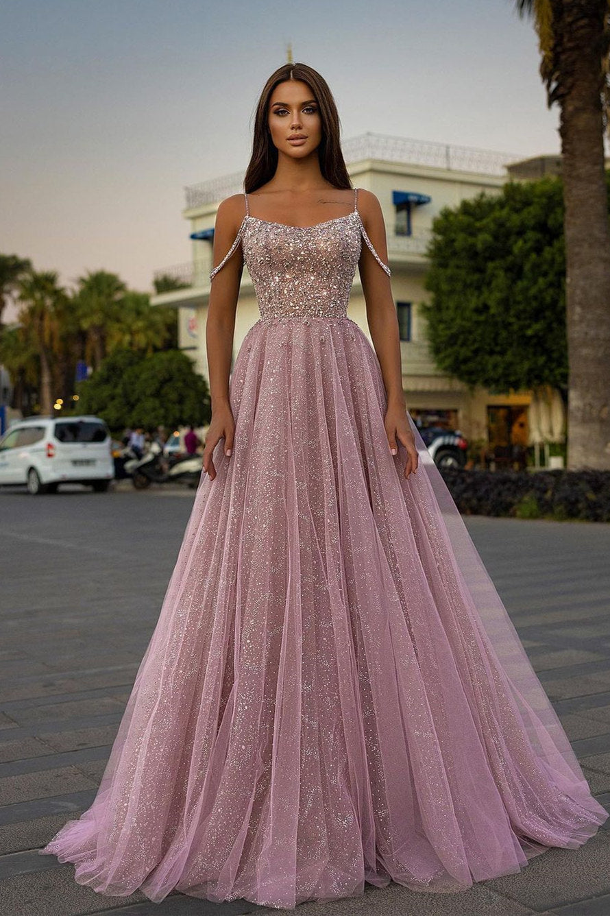 Pink A Line Prom Dress Spaghetti Straps Sleeveless Beaded Evening Dress