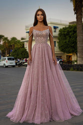Pink A Line Prom Dress Spaghetti Straps Sleeveless Beaded Evening Dress