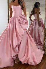 Pink A Line Satin Strapless Long Corset Prom Dress With 3D Flower