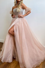 Pink A-Line Strapless Corset Beaded Prom Dress