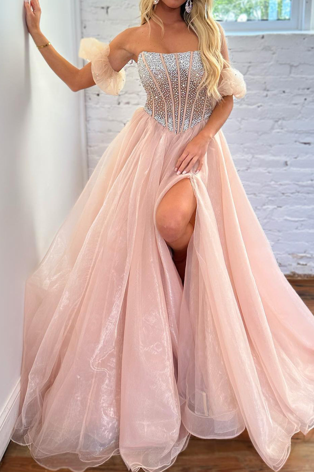 Pink A-Line Strapless Corset Beaded Prom Dress