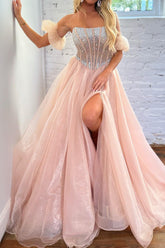 Pink A-Line Strapless Corset Beaded Prom Dress
