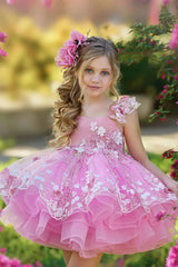 Pink Ball Gown Tulle Princess Flower Girl Dress with 3D Flowers