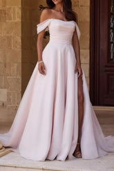 Pink Beach Wedding Dress A Line Off the Shoulder Bridal Dress with Slit