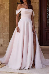 Pink Beach Wedding Dress A Line Off the Shoulder Bridal Dress with Slit