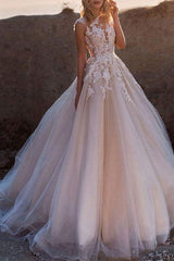 Pink Beach Wedding Dresses With Train Appliques Lace
