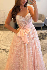 Pink Corset Prom Dress A Line Lace Long Formal Dress With Bow