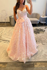 Pink Corset Prom Dress A Line Lace Long Formal Dress With Bow