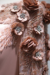 Pink Detachable Train Prom Dress Long Sleeve Bateau Neck Evening Dress With 3D Flowers