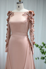 Pink Detachable Train Prom Dress Long Sleeve Bateau Neck Evening Dress With 3D Flowers