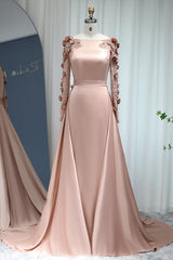 Pink Detachable Train Prom Dress Long Sleeve Bateau Neck Evening Dress With 3D Flowers