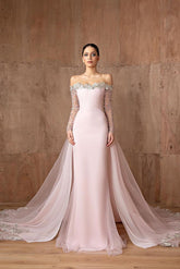 Pink Detachable Train Prom Dress Long Sleeve Off the Shoulder Sequined Evening Dress