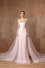 Pink Detachable Train Prom Dress Long Sleeve Off the Shoulder Sequined Evening Dress