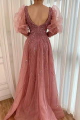 Pink Detachable Train Prom Dress Long Sleeve V Neck Beaded Evening Dress