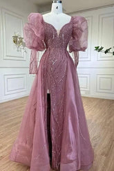 Pink Detachable Train Prom Dress Long Sleeve V Neck Beaded Evening Dress