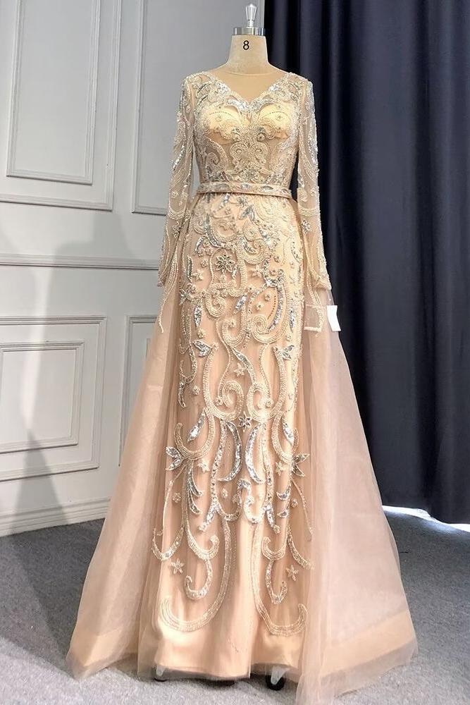 Pink Detachable Train Prom Dress Long Sleeve V Neck Evening Dress With Lace Appliques