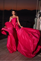 Pink Detachable Train Prom Dress Sleeveless Strapless Beaded Evening Dress