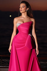 Pink Detachable Train Prom Dress Sleeveless Strapless Beaded Evening Dress