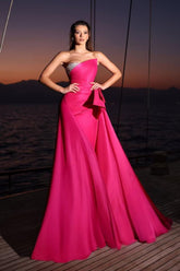 Pink Detachable Train Prom Dress Sleeveless Strapless Beaded Evening Dress