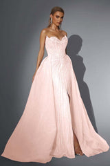 Pink Detachable Train Prom Dress Sleeveless Sweetheart Beaded Evening Dress