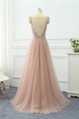 Pink Detachable Train Prom Dress Sleeveless V Neck Beaded Evening Dress