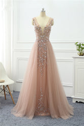 Pink Detachable Train Prom Dress Sleeveless V Neck Beaded Evening Dress