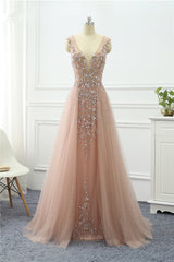 Pink Detachable Train Prom Dress Sleeveless V Neck Beaded Evening Dress