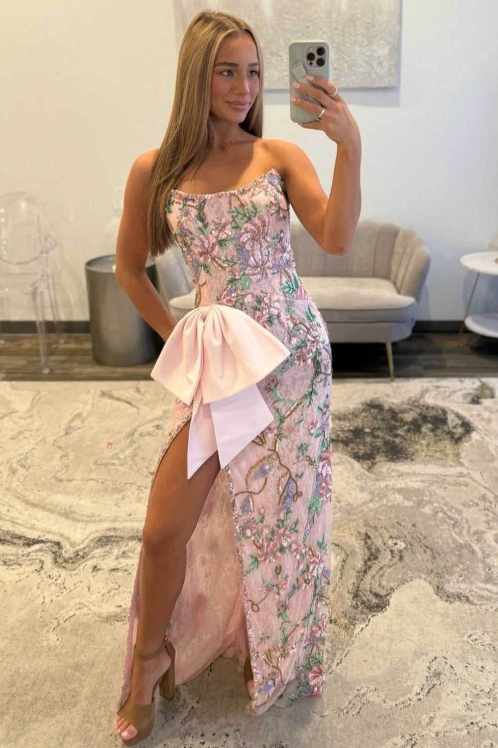 Pink Floral Embroidered Strapless Corset Prom Dress With Bow Detail And High Slit Formal Evening Gown