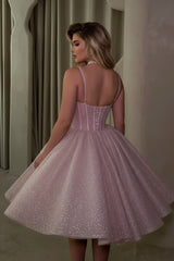 Pink Glitter Tulle A Line Homecoming Dress with Spaghetti Straps and Corset Bodice