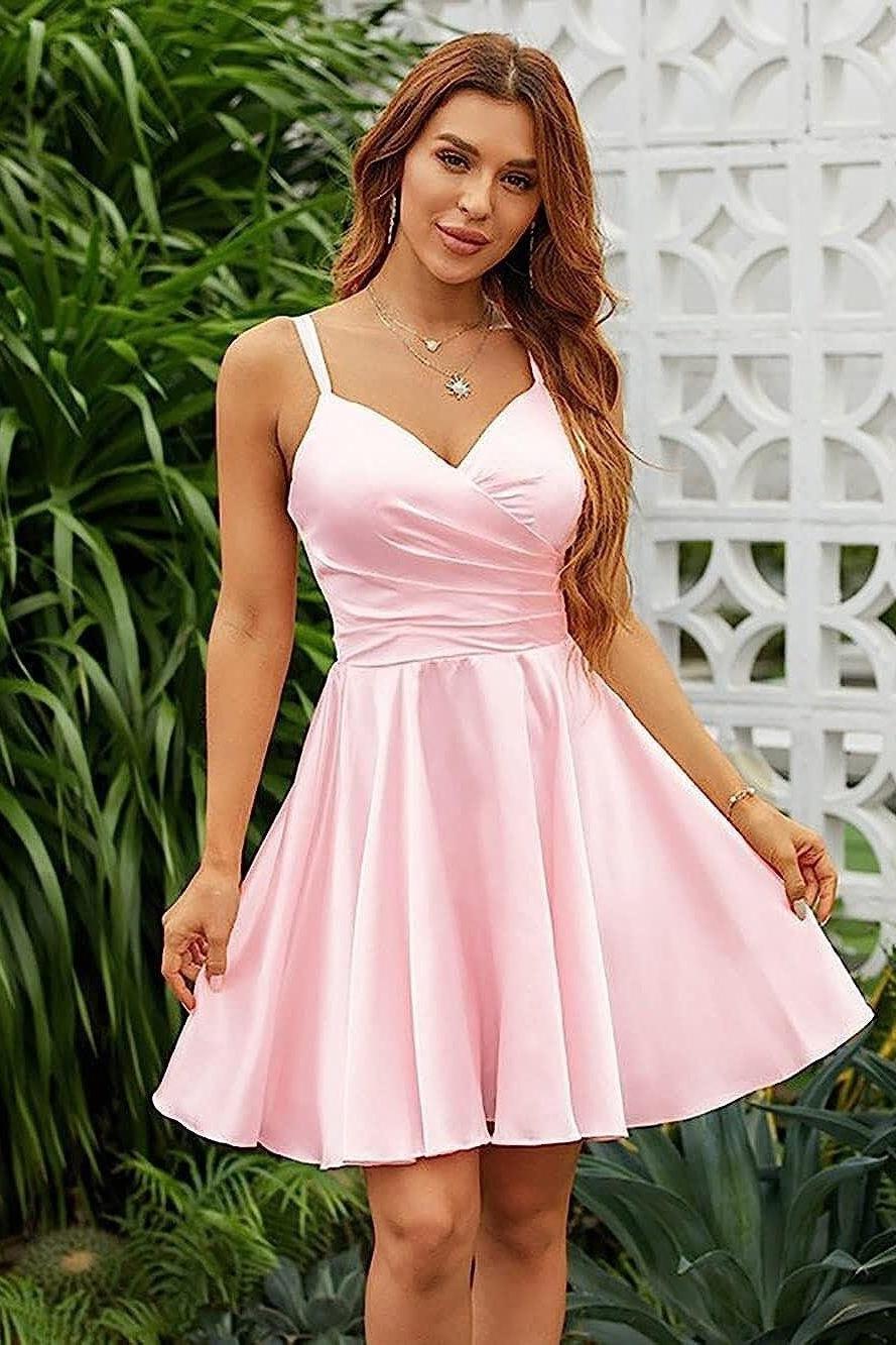 Pink Graduation Dress Spaghetti Straps Sleeveless V Neck Pleated Short Dress