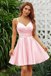 Pink Graduation Dress Spaghetti Straps Sleeveless V Neck Pleated Short Dress