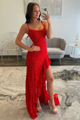 Dreamyannie Pink Prom Dress Lace Long Ruffled Formal Dress With Slit