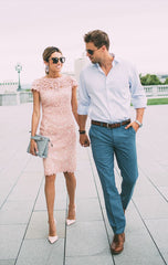 Pink Lace Wedding Guest Dress Sheath/Column Short Sleeve Mother of the Bride Dress