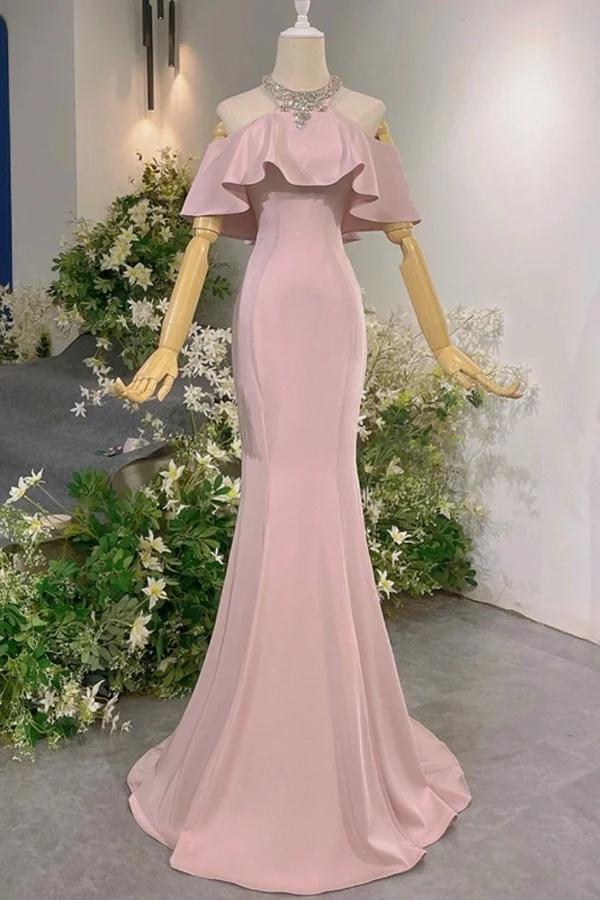 Pink Mermaid Prom Dress Halter Neck Beaded Evening Dress