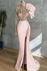 Pink Mermaid Prom Dress Long Sleeve Asymmetric Neck Beaded Evening Dress