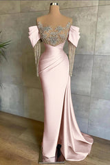 Pink Mermaid Prom Dress Long Sleeve Beaded Evening Dress