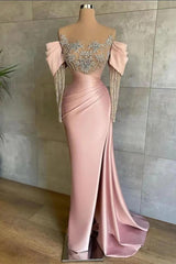 Pink Mermaid Prom Dress Long Sleeve Beaded Evening Dress