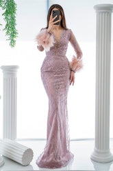 Pink Mermaid Prom Dress Long Sleeve Evening Dress With Lace Appliques